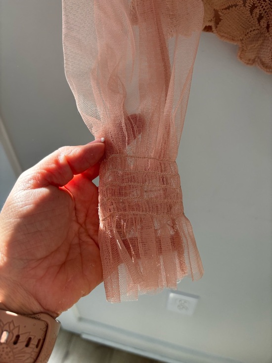 Peach Lace Mesh Puff Sleeve Crop Top Romantic Coquette Sheer Blouse S - Picture 5 of 15